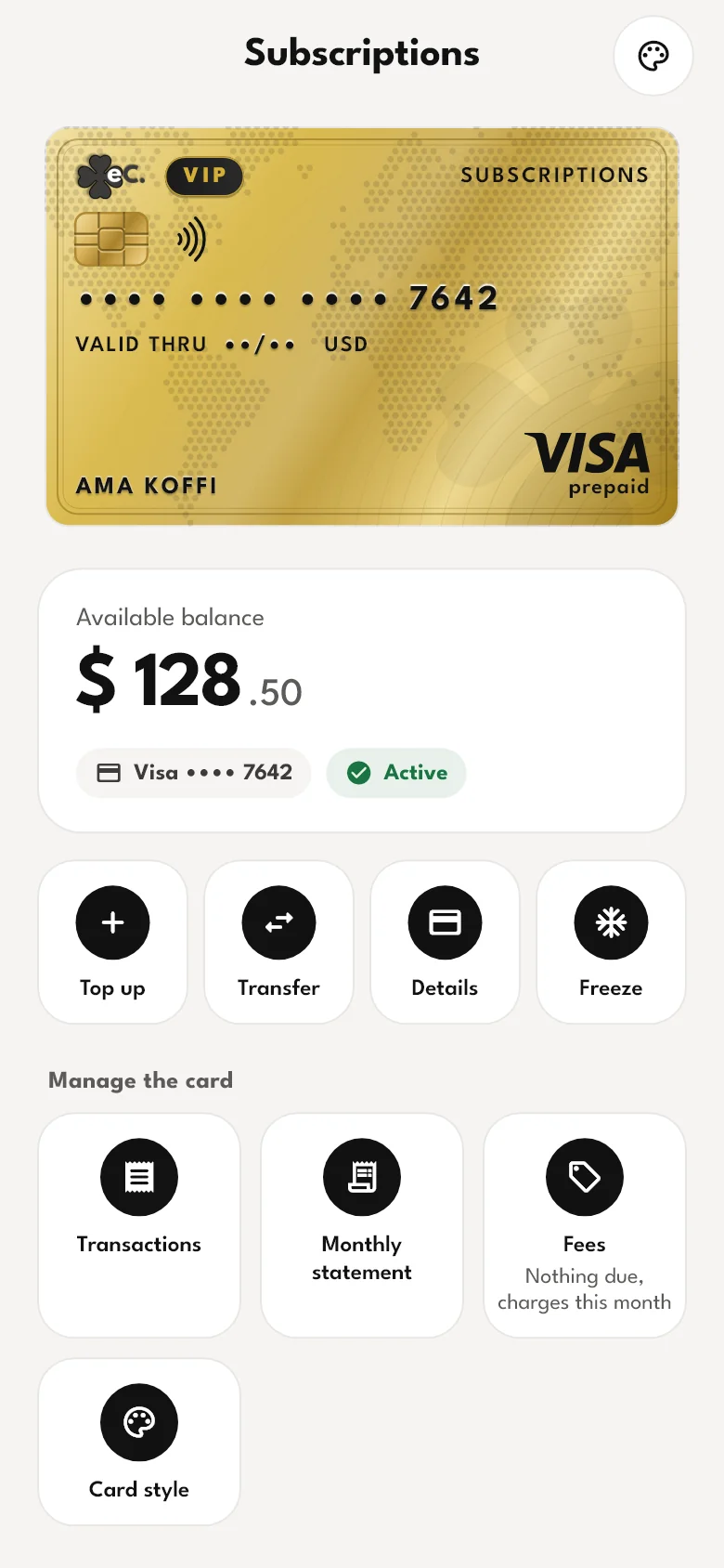 Card detail screen: Subscriptions Visa card, available balance, Top up, Freeze and Details actions