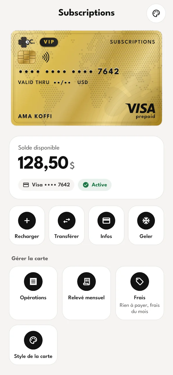 Écran Détail de la carte : carte Visa Abonnements, solde disponible, actions Recharger, Geler, Détails