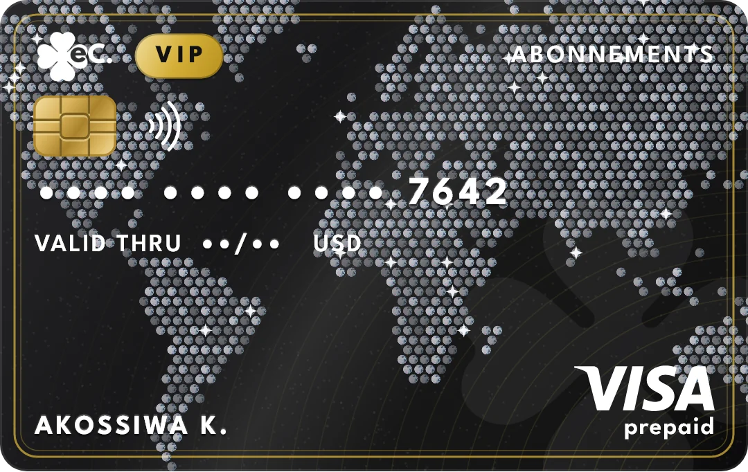 Carte virtuelle e_Card Diamond VIP : puce, numéro masqué, porteur Akossiwa K., Visa prepaid
