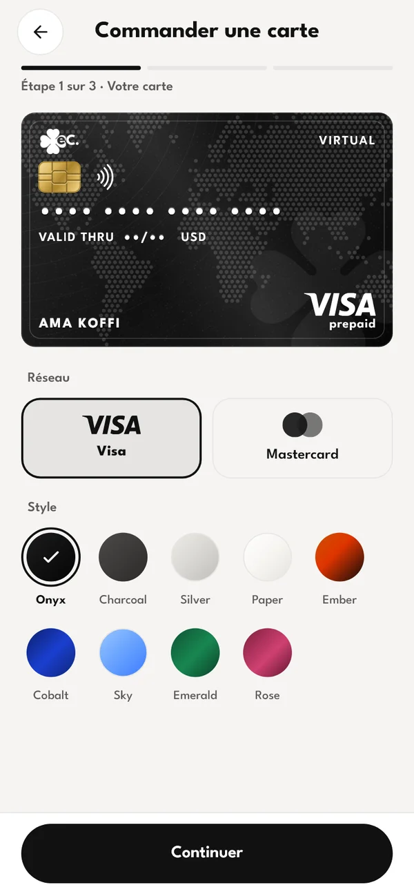 Écran Commander une carte, étape 1 sur 3 : choix Visa ou Mastercard et style de couleur