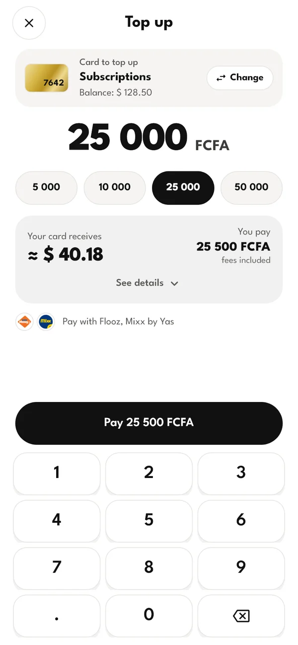Top up screen: what the card receives in dollars and the total to pay, fees included, before you pay